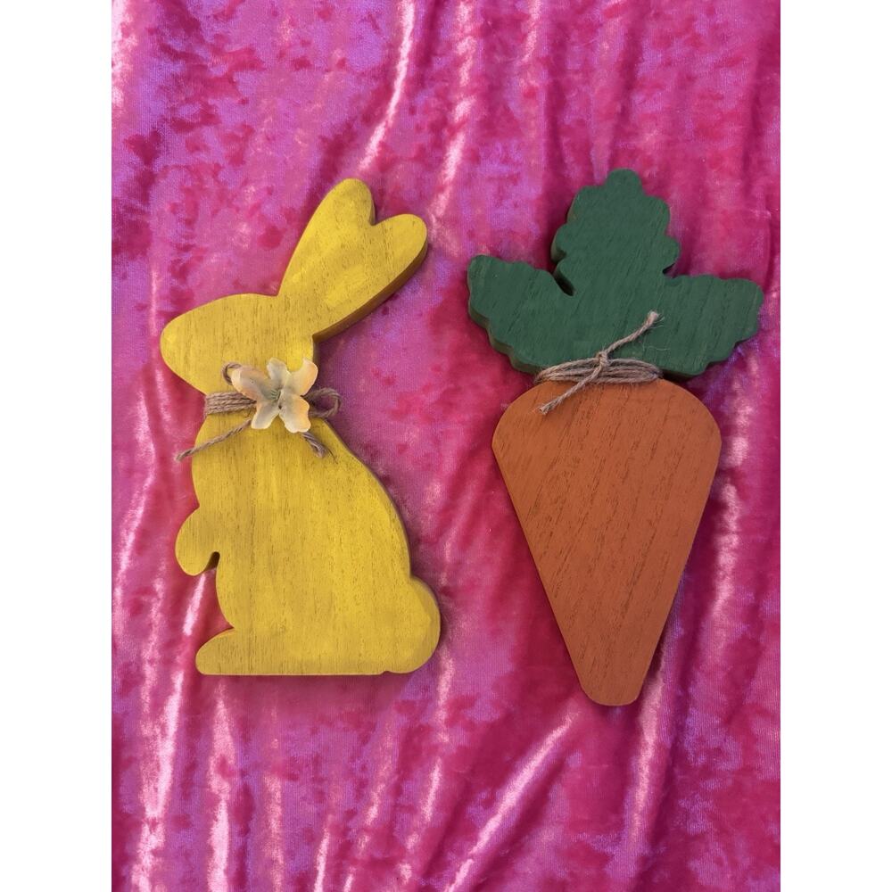 Wooden Easter Decorations Painted Bunny Carrot Rustic Yellow Orange Spring